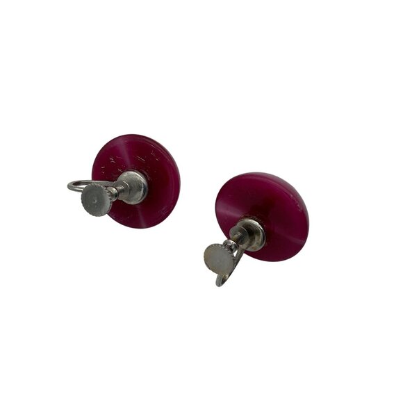Magenta Moonstone Dome Button Gumball Beaded Silver Tone Screw Back VTG Earrings - Picture 3 of 4